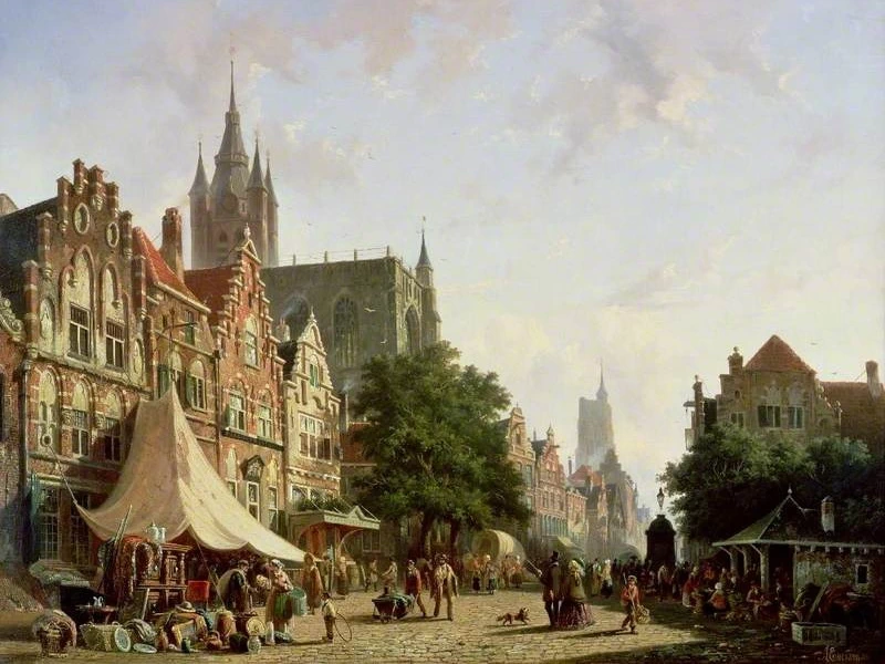 1818-Adrianus Eversen - Vista di una strada suburbana olandese
